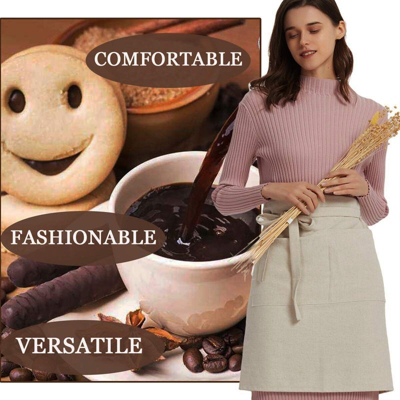 Cityelf Linen Server Apron Cotton Bistro Half Apron with Large Pockets Waist Kitchen Apron for Cooking Waitress - Image 4
